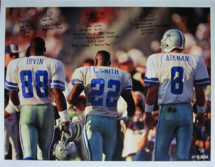 Micheal Irvin, Troy Aikman and Emmitt Smith Signed and Inscribed 30 x 40 Photograph